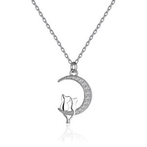 925 Silver Cat Moon Pendant Necklace Clavicle Chain Women Jewellery Gift
