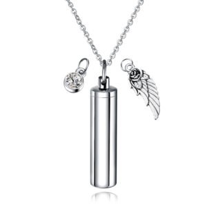 Cylinder Cremation Urn Necklace for Pet Ashes with Angel Wing Birthstone Pet Remembrance Jewelry