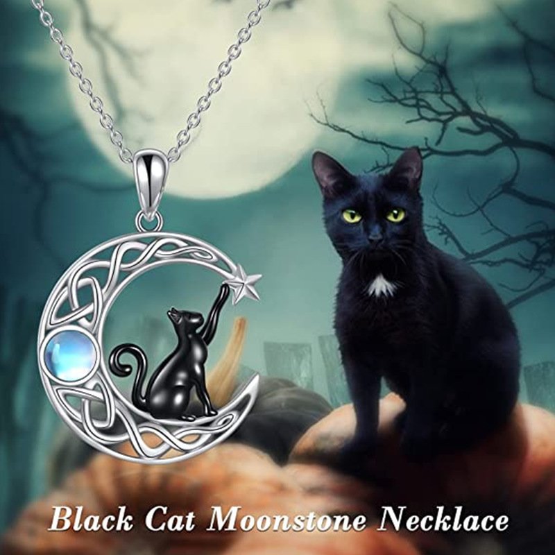 Sterling Silver Cat Crystal Moon Pendant Necklace - Image 4