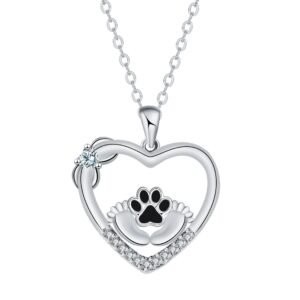 Sterling Silver Heart Necklace with Paw Print-Two Dear Babies