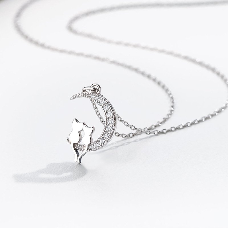 925 Silver Cat Moon Pendant Necklace Clavicle Chain Women Jewellery Gift - Image 4