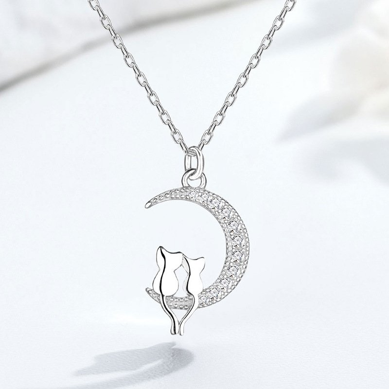 925 Silver Cat Moon Pendant Necklace Clavicle Chain Women Jewellery Gift - Image 3