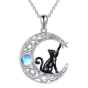 Sterling Silver Cat Crystal Moon Pendant Necklace