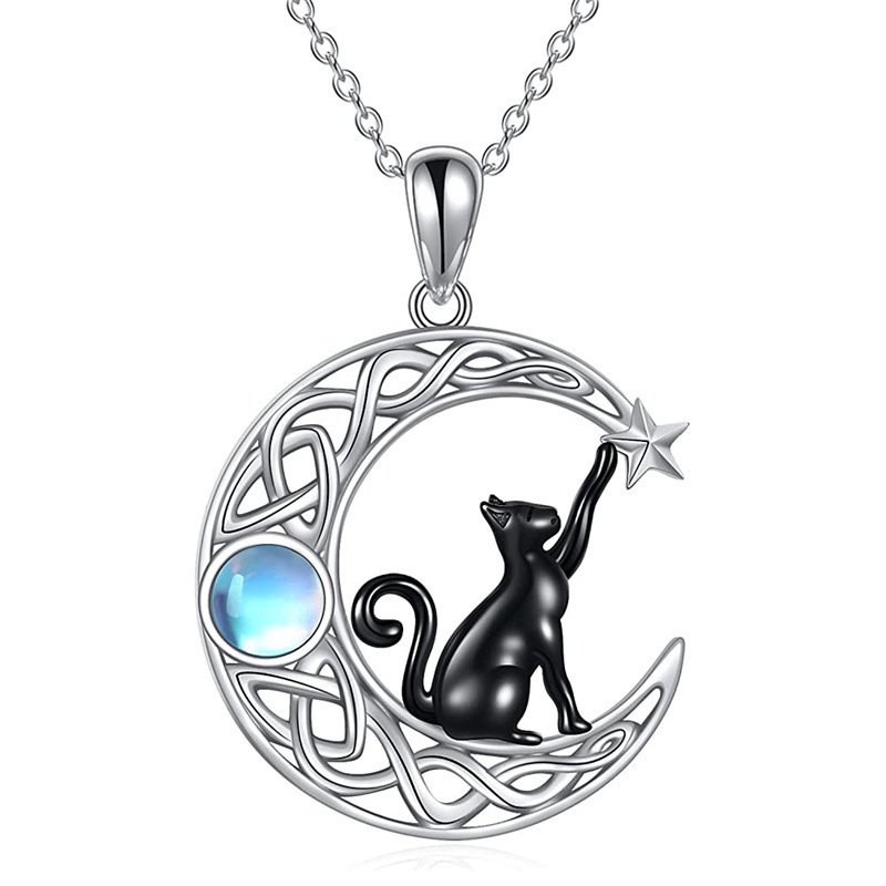 Sterling Silver Cat Crystal Moon Pendant Necklace