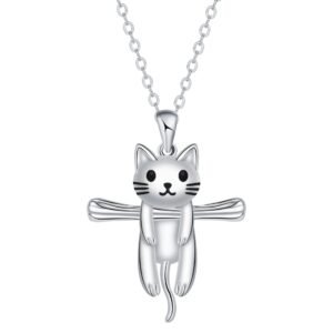 Cute Cat Hug Necklace in Sterling Silver – Gift for Cat Lovers and Pet Moms