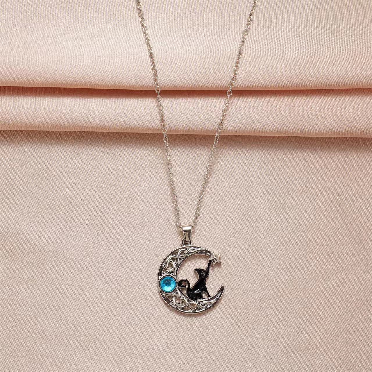 Sterling Silver Cat Crystal Moon Pendant Necklace - Image 3