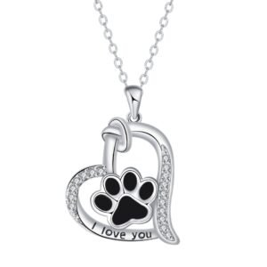 925 Sterling Silver Love Heart Pendant - Puppy Dog Necklace Cat Pet Paw Print Jewelry for Women